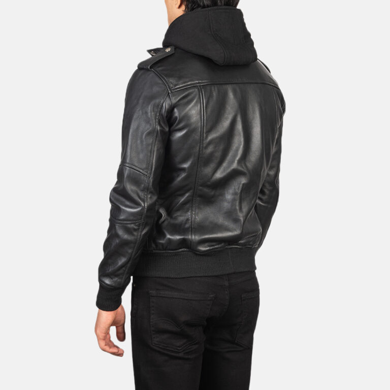Mens Bravado Black Hooded Leather Bomber Jacket Tilted Back-8-1634133576769